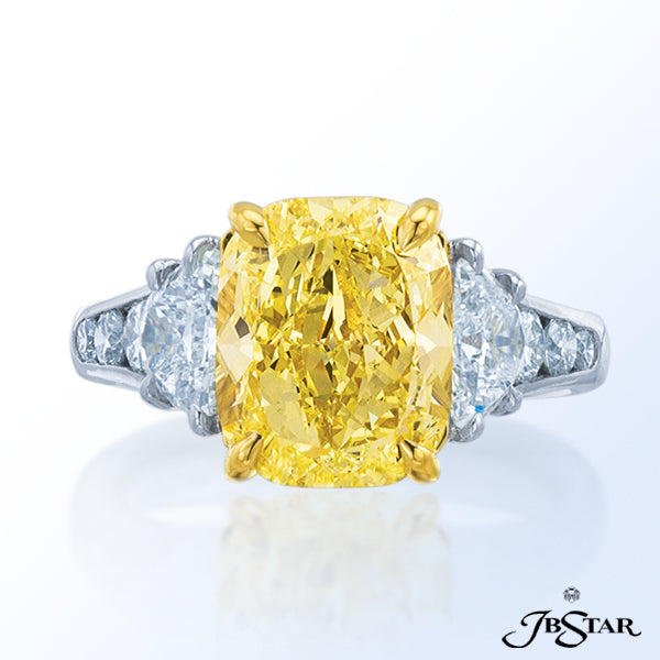 JB STAR NATURAL FANCY YELLOW DIAMOND RING FEATURING A VIVID 4.32 CT FANCY INTENSE YELLOW CUSHION-CUT