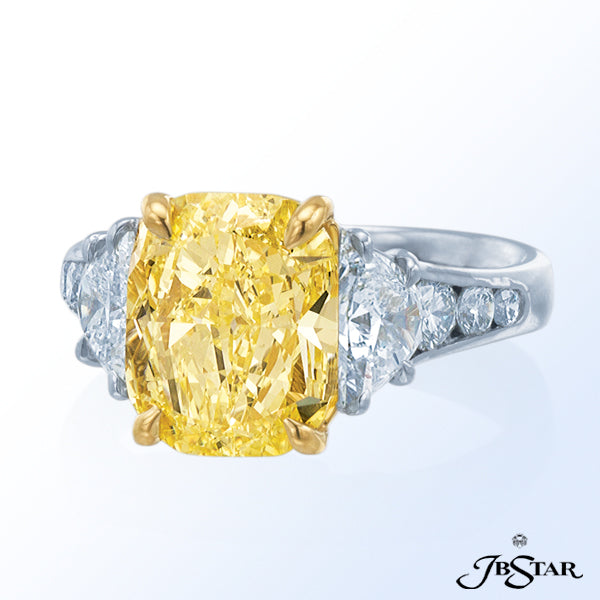 JB STAR NATURAL FANCY YELLOW DIAMOND RING FEATURING A VIVID 4.32 CT FANCY INTENSE YELLOW CUSHION-CUT