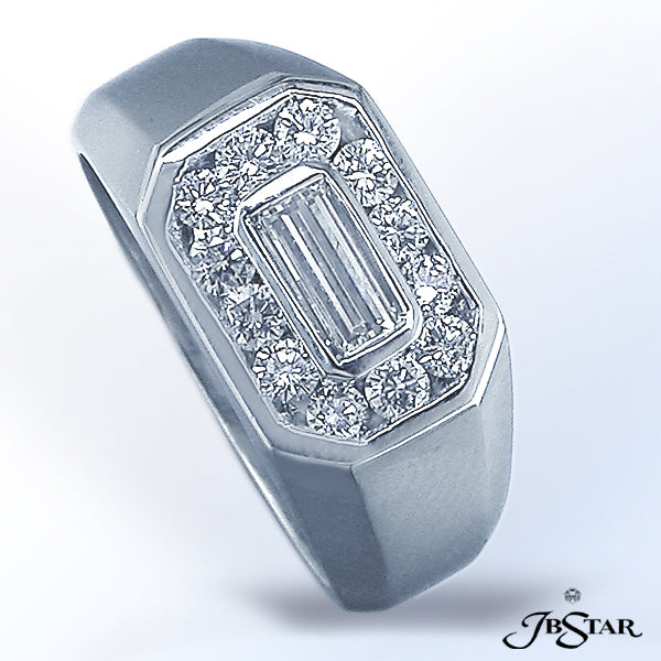 JB STAR HANDCRAFTED DIAMOND MEN'S BAND FEATURING A TAPERED BAGUETTE ENCIRCLED BY ROUND DIAMONDS. SET