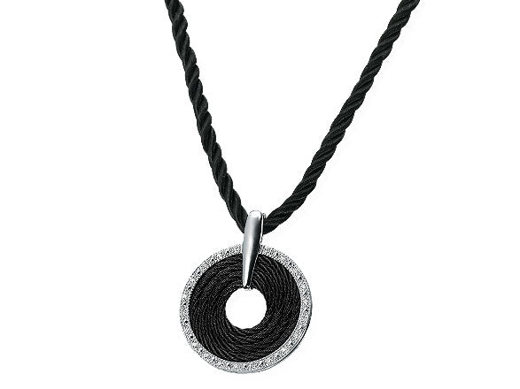 Alor 18 karat White Gold, stainless steel and black stainless steel cable 2.0mm and Diamonds 0.17 total carat weight on black silk cord. Imported.