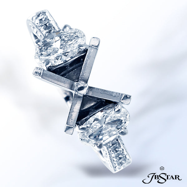 JB STAR PLATINUM DIAMOND SEMI-MOUNT HANDCRAFTED WITH 2 OVAL DIAMOND SIDES AND PAVE BAND.DIAMONDS: