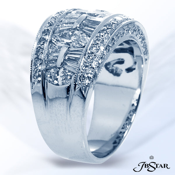 JB STAR PLATINUM DIAMOND WEDDING BAND HANDCRAFTED WITH 5 MARQUISE DIAMONDS AND TAPERED DIAMOND BAGUE