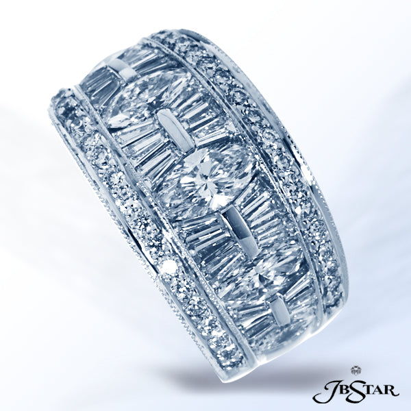 JB STAR PLATINUM DIAMOND WEDDING BAND HANDCRAFTED WITH 5 MARQUISE DIAMONDS AND TAPERED DIAMOND BAGUE