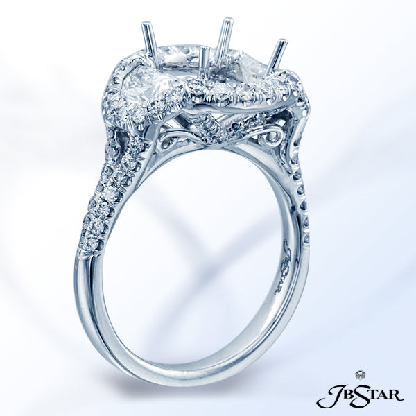 JB STAR PLATINUM DIAMOND SEMI-MOUNT HANDCRAFTED WITH HALF MOON DIAMONDS EMBRACING THE PRONGED HEAD A