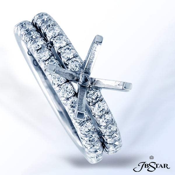 JB STAR PLATINUM AND DIAMOND WEDDING BAND IN A SHARED PRONG SETTING IN A CUT-DOWN STYLE. MATCHING SE