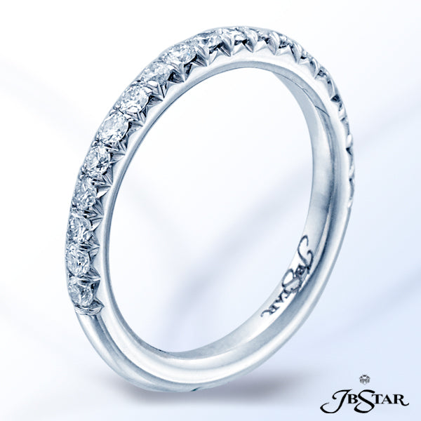 JB STAR PLATINUM AND DIAMOND WEDDING BAND IN A SHARED PRONG SETTING IN A CUT-DOWN STYLE. MATCHING SE