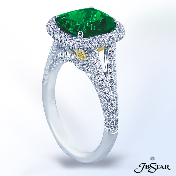 JB STAR PLATINUM EMERALD, & DIAMOND RINGCENTER: CUSHION EMERALD 3.02 CT.DIAMONDS: 1.02 CT. TW. (