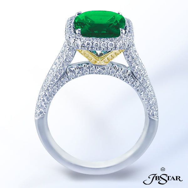 JB STAR PLATINUM EMERALD, & DIAMOND RINGCENTER: CUSHION EMERALD 3.02 CT.DIAMONDS: 1.02 CT. TW. (