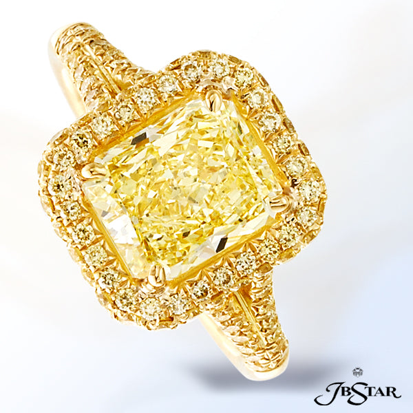 JB STAR GORGEOUS 2.38CT RADIANT-CUT FANCY YELLOW DIAMOND RING EDGED IN MICRO PAVE AND SET IN 18KY.