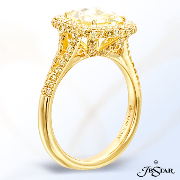 JB STAR GORGEOUS 2.38CT RADIANT-CUT FANCY YELLOW DIAMOND RING EDGED IN MICRO PAVE AND SET IN 18KY.