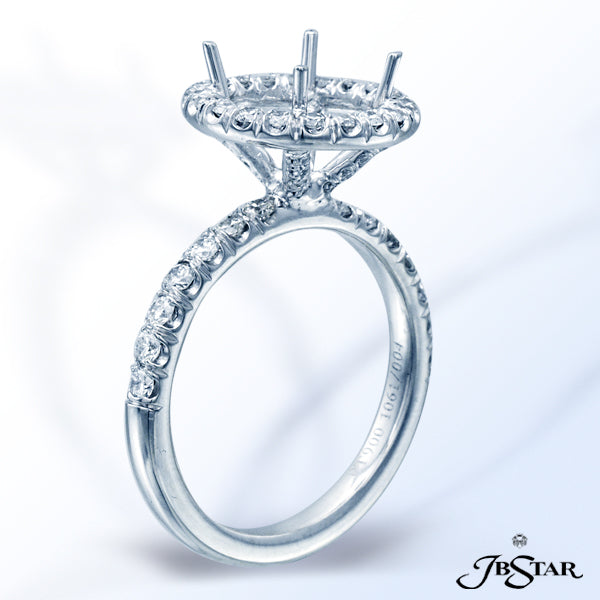 JB STAR PLATINUM SEMI-MOUNT HANDCRAFTED WITH A SIMPLY ELEGANT ROUND PAVE HALO SETTING AND A PAVE SHA