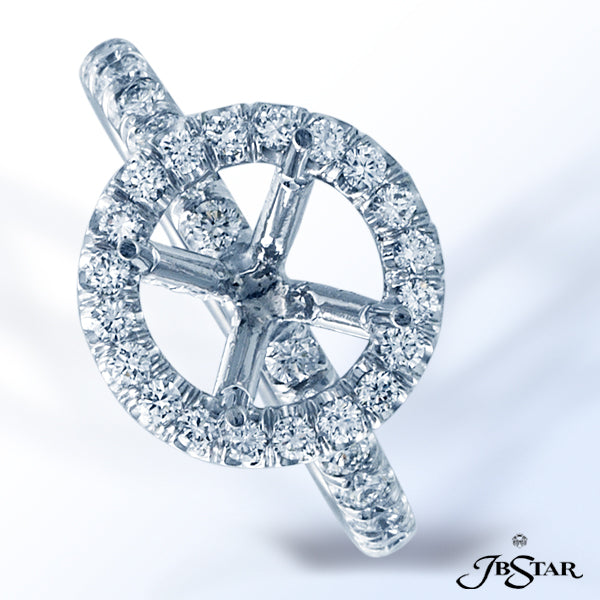 JB STAR PLATINUM SEMI-MOUNT HANDCRAFTED WITH A SIMPLY ELEGANT ROUND PAVE HALO SETTING AND A PAVE SHA