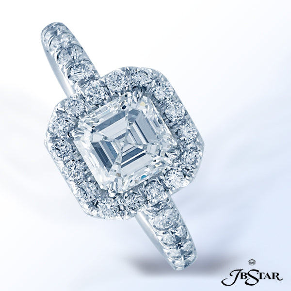 JB STAR PLATINUM DIAMOND RING FEATURING A LOVELY 1.44 CT SQUARE EMERALD DIAMOND, SET IN A PAVE HALO