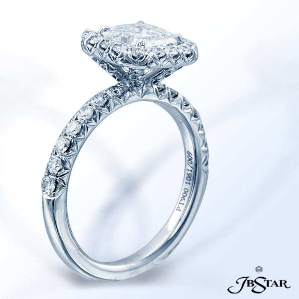 JB STAR PLATINUM DIAMOND RING FEATURING A LOVELY 1.44 CT SQUARE EMERALD DIAMOND, SET IN A PAVE HALO