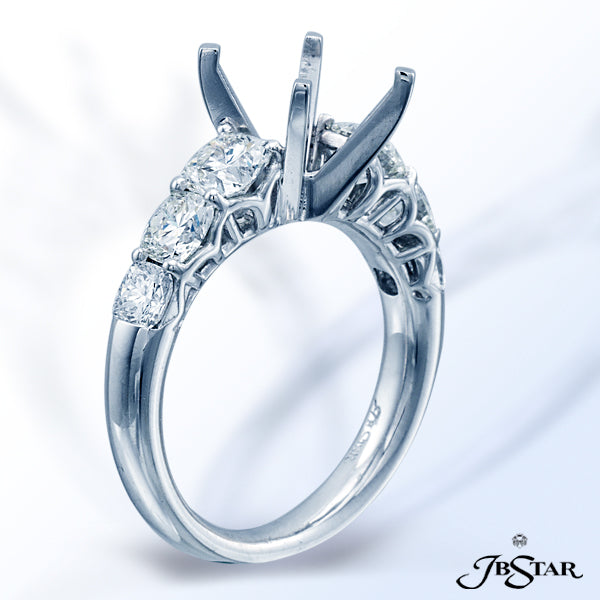 JB STAR PLATINUM DIAMOND SEMI-MOUNT HANDCRAFTED WITH GRADUATED CUSHION CUT DIAMONDS IN A SHARED-PRON