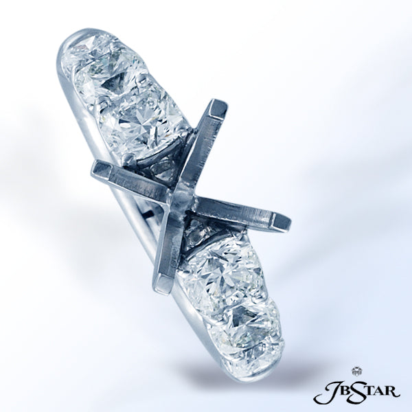 JB STAR PLATINUM DIAMOND SEMI-MOUNT HANDCRAFTED WITH GRADUATED CUSHION CUT DIAMONDS IN A SHARED-PRON