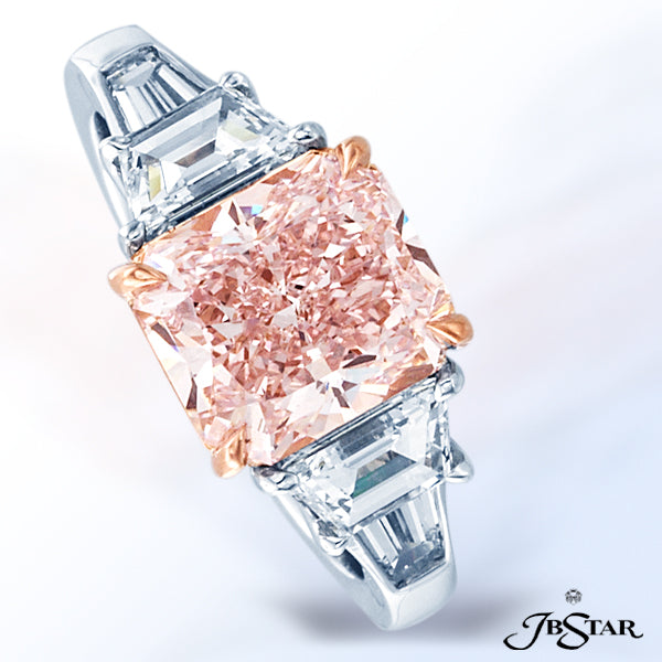 JB STAR BREATHTAKING RADIANT-CUT 3.05 CT NATURAL FANCY PINK DIAMOND IS EMBRACED BY TRAPEZOID AND TAP