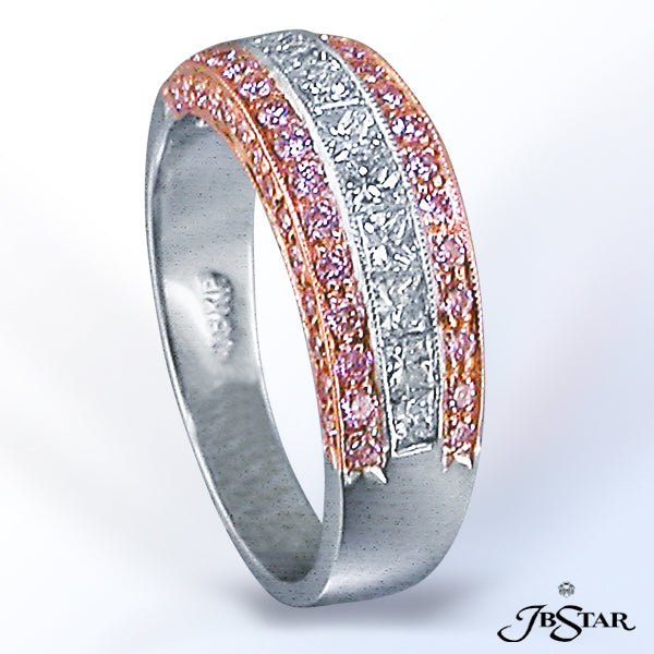 JB STAR PLATINUM AND 18K PINK DIAMOND BAND HANDCRAFTED WITH CAREFULLY MATCHED PRINCESS-CUT DIAMONDS