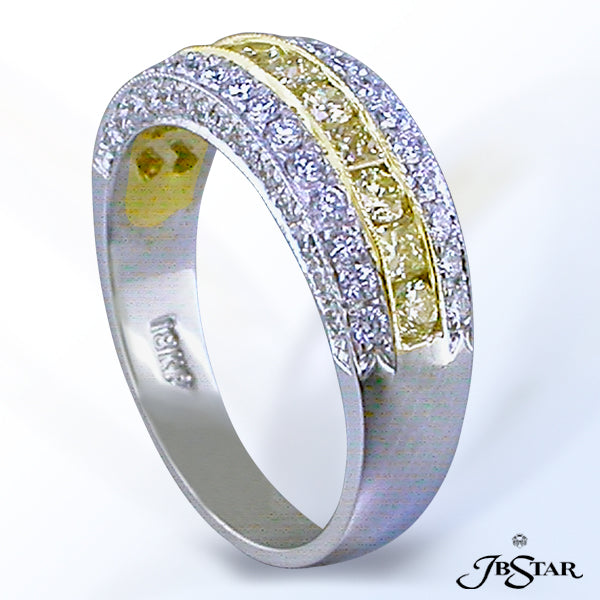 JB STAR PLATINUM AND 18KY FANCY YELLOW DIAMOND BAND HANDCRAFTED WITH A CENTER CHANNEL OF ROUND AND P