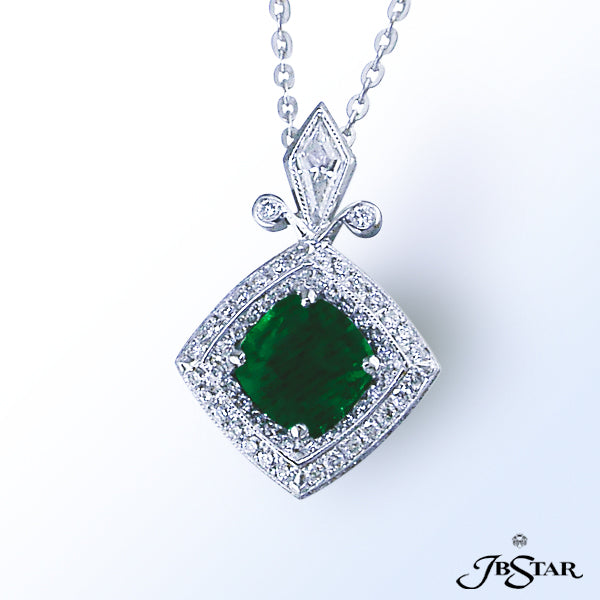 JB STAR EMERALD, & DIAMOND PLATINUM PENDANTCENTER: ROUND EMERALD 1.28 CT.DIAMONDS: 0.65 CT. TW.