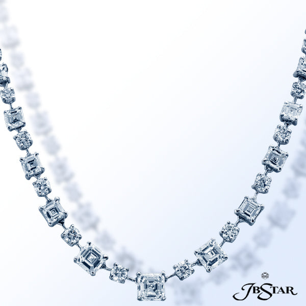 JB STAR THIS ASTOUNDING DIAMOND NECKLACE FEATURES A REMARKABLE PARADE OF SPARKLING EMERALD-CUT, SQUA