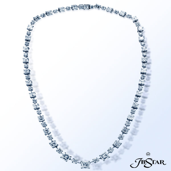 JB STAR THIS ASTOUNDING DIAMOND NECKLACE FEATURES A REMARKABLE PARADE OF SPARKLING EMERALD-CUT, SQUA