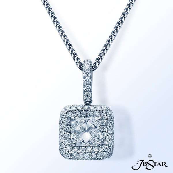 JB STAR PLATINUM DIAMOND PENDANT FEATURING A BEAUTIFUL RADIANT DIAMOND ENCIRCLED BY MICRO PAVECENT