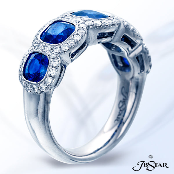 JB STAR SAPPHIRE AND DIAMOND BAND HANDCRAFTED WITH 5 PERFECTLY MATCHED, BEZEL-SET, CUSHION-CUT BLUE