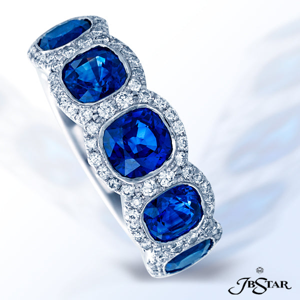 JB STAR SAPPHIRE AND DIAMOND BAND HANDCRAFTED WITH 5 PERFECTLY MATCHED, BEZEL-SET, CUSHION-CUT BLUE