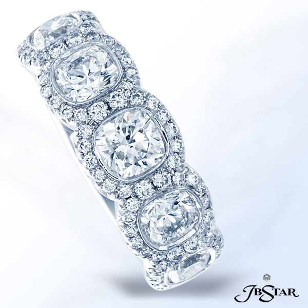 JB STAR PLATINUM DIAMOND BAND HANDCRAFTED WITH 5 PERFECTLY MATCHED, CUSHION-CUT DIAMONDS IN A CUT-DO