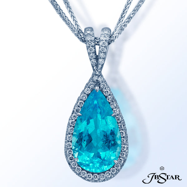 JB STAR PARAIBA PENDANT HANDCRAFTED WITH A STRIKING PEAR-SHAPED 8.69 CT MOZAMBIQUE PARAIBA SET IN MI