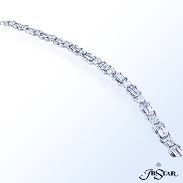 JB STAR PLATINUM DIAMOND BRACELET WITH PERFECTLY MATCHED ALTERNATING EXQUISITE STRAIGHT BAGUETTES AN