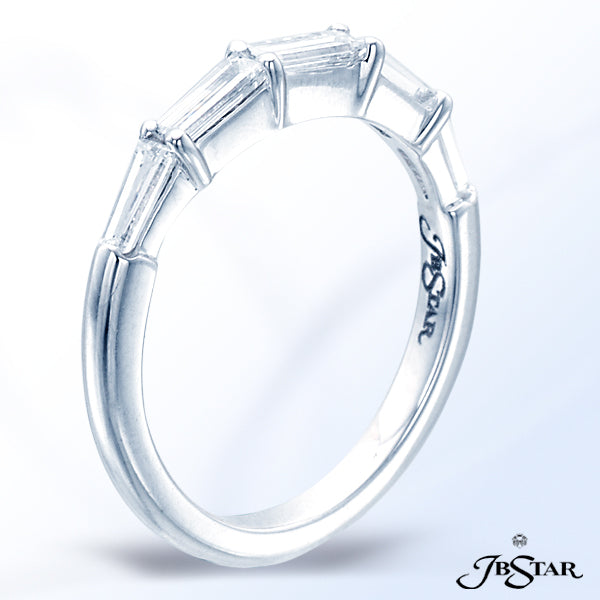 JB STAR PLATINUM DIAMOND WEDDING BAND HANDCRAFTED WITH 5 BAGUETTE DIAMONDS IN SHARED-PRONG SETTING.