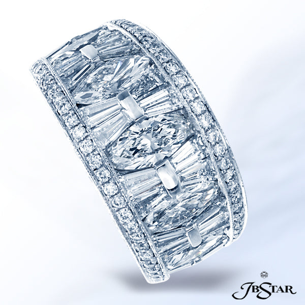 JB STAR PLATINUM DIAMOND BAND HANDCRAFTED OF 7 MARQUISE DIAMONDS PLUS TAPERED BAGUETTES SET IN A CHA