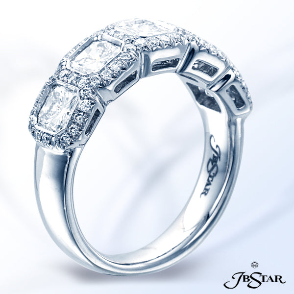 JB STAR PLATINUM DIAMOND WEDDING BAND IN A STUNNING DESIGN OF FIVE BEZEL-SET RADIANT DIAMONDS, EACH