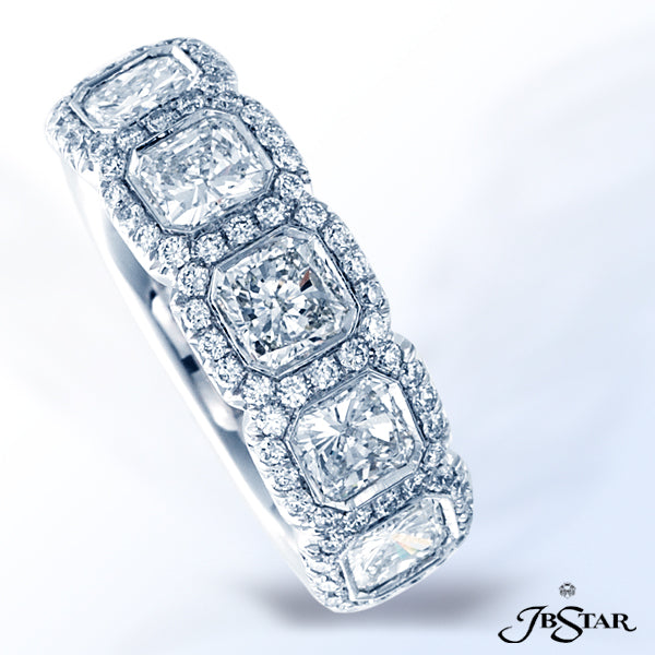 JB STAR PLATINUM DIAMOND WEDDING BAND IN A STUNNING DESIGN OF FIVE BEZEL-SET RADIANT DIAMONDS, EACH