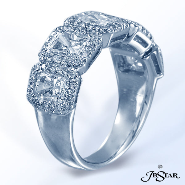 JB STAR PLATINUM DIAMOND WEDDING BAND FEATURING 5 PERFECTLY MATCHED RADIANT DIAMONDS, EACH ENCIRCLED