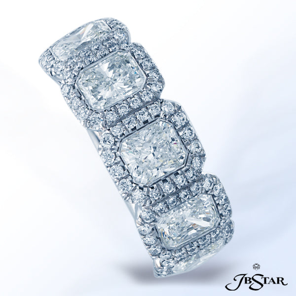 JB STAR PLATINUM WEDDING BAND HANDCRAFTED WITH FIVE PERFECTLY MATCHED RADIANT DIAMONDS IN BEZEL SET,