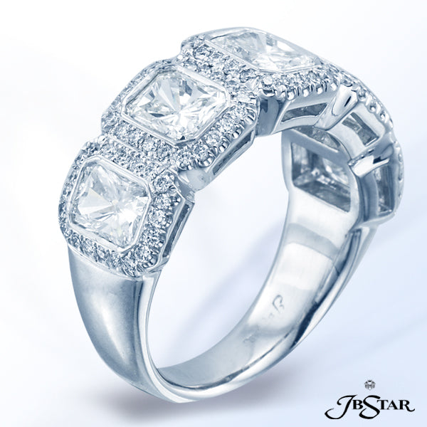 JB STAR HANDCRAFTED PLATINUM BAND FEATURING 5 RADIANT DIAMONDS SET IN BEZEL SETTING EMBRACED WITH MI