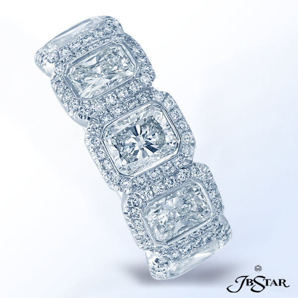 JB STAR HANDCRAFTED PLATINUM BAND FEATURING 5 RADIANT DIAMONDS SET IN BEZEL SETTING EMBRACED WITH MI