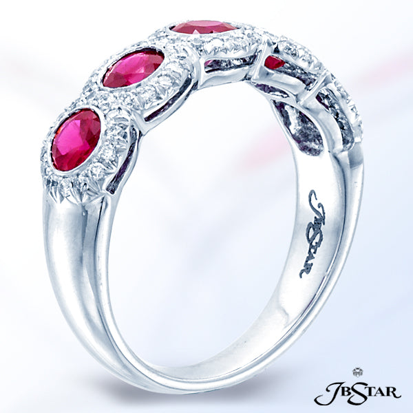 JB STAR THIS STUNNING PLATINUM RUBY AND DIAMOND BAND FEATURES 5 ROUND RUBIES EMBRACED WITH PAVE.DI