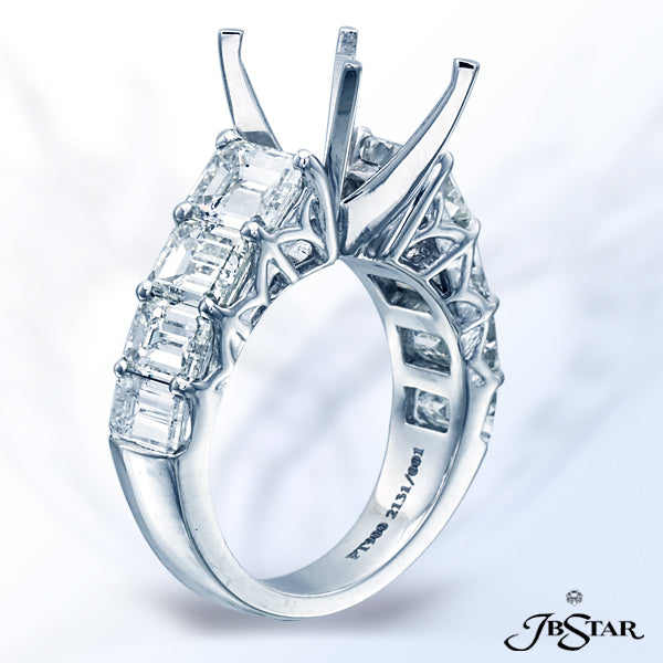 JB STAR BEAUTIFUL PLATINUM SEMI-MOUNT WITH 8 EMERALD-CUT DIAMONDS IN A SHARED PRONG SETTING.DIAMON