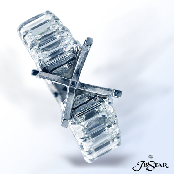 JB STAR BEAUTIFUL PLATINUM SEMI-MOUNT WITH 8 EMERALD-CUT DIAMONDS IN A SHARED PRONG SETTING.DIAMON