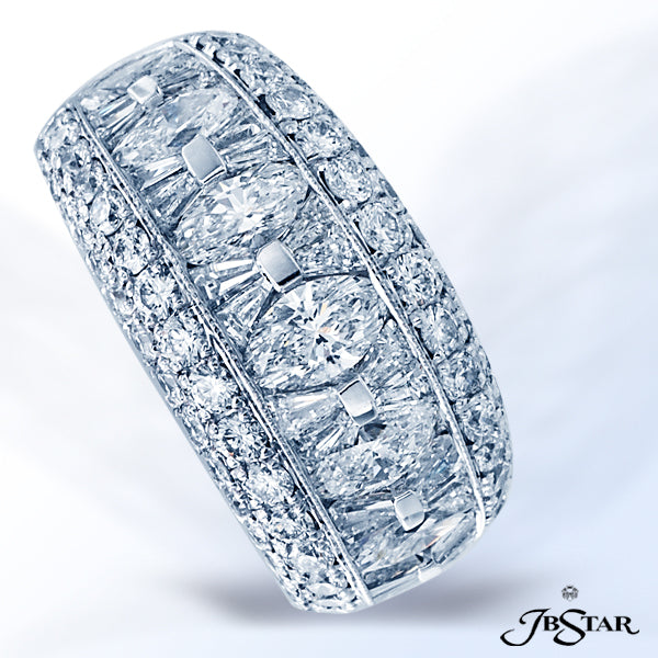 JB STAR PLATINUM DIAMOND BAND HANDCRAFTED OF 7 MARQUISE DIAMONDS PLUS TAPERED BAGUETTES SET IN A CHA