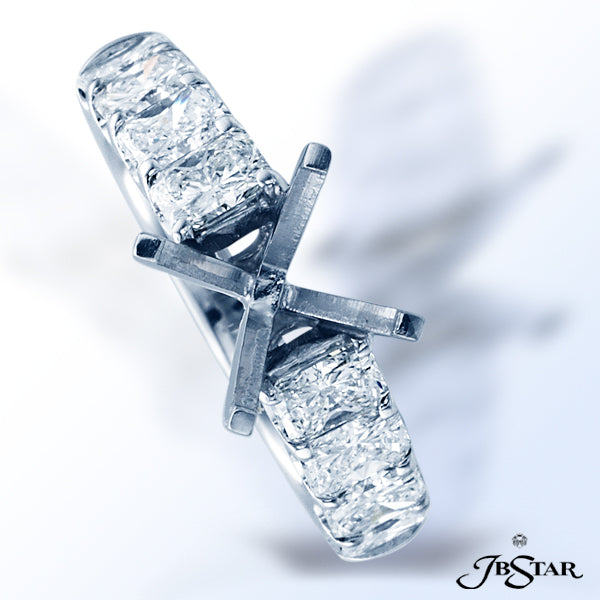 JB STAR PLATINUM DIAMOND SEMI-MOUNT HANDCRAFTED WITH GRADUATED RADIANT CUT DIAMONDS IN A SHARED-PRON