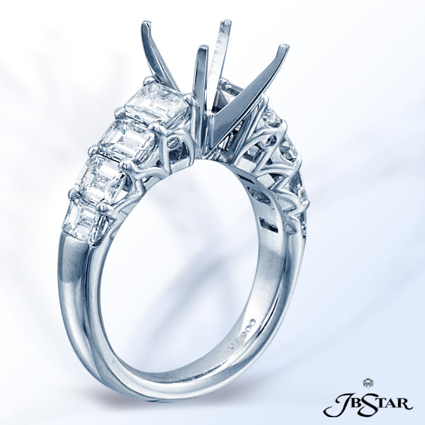 JB STAR STUNNING SEMI-MOUNT FEATURING EMERALD-CUT DIAMONDS IN A SHARED PRONG SETTING. PLATINUM.DIA