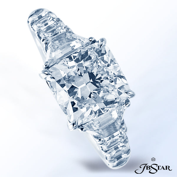 JB STAR PLATINUM DIAMOND RING FEATURING A STUNNING 3.42CT CUSHION-CUT DIAMOND EMBRACED BY TWO PERFEC