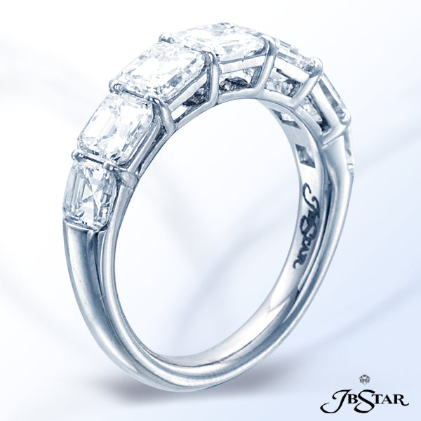 JB STAR HANDCRAFTED PLATINUM DIAMOND WEDDING BAND WITH SEVEN PERFECTLY MATCHED SQUARE-EMERALD CUT DI