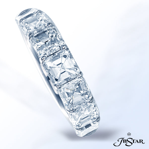 JB STAR HANDCRAFTED PLATINUM DIAMOND WEDDING BAND WITH SEVEN PERFECTLY MATCHED SQUARE-EMERALD CUT DI