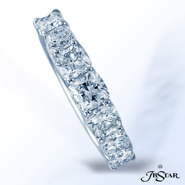 JB STAR PLATINUM DIAMOND BAND HANDCRAFTED WITH 7 PERFECTLY MATCHED CUSHION DIAMONDS IN A SHARED-PRON